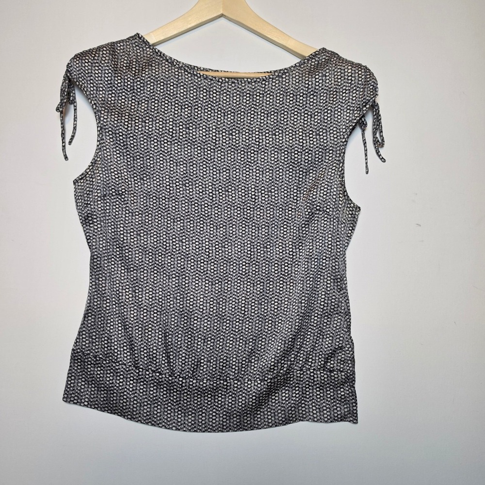 Kenneth Cole NY Black White Geometric Dot Print Tie Shoulder Silk Blouse Size 12